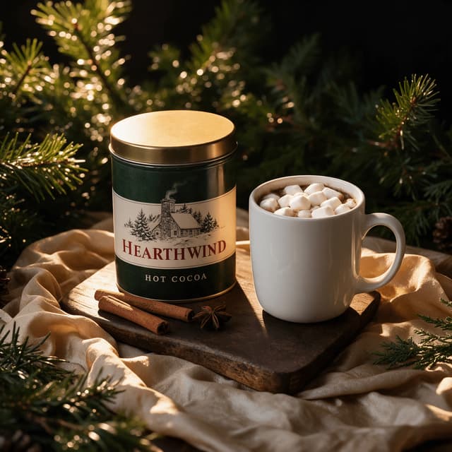Hot cocoa tin and mug with marshmallows among pine boughs — seasonal food photography