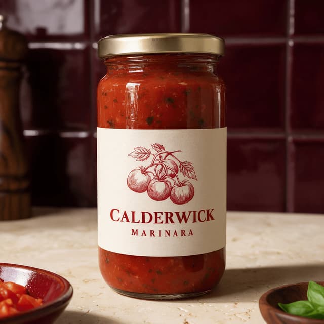 Marinara jar with a cream label on a travertine counter — CPG sauce food photography