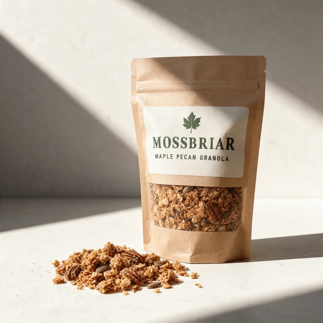 Maple pecan granola pouch with spilled clusters in hard sun — granola food photography