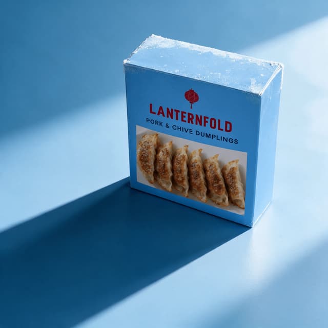 Frozen pork and chive dumplings box on a sky-blue set — frozen food photography