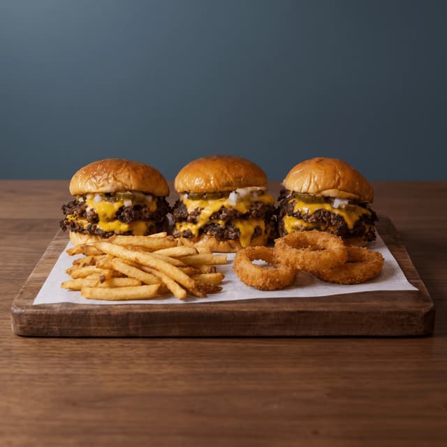 Three smash burgers with fries and onion rings on a board — festival flyer photography