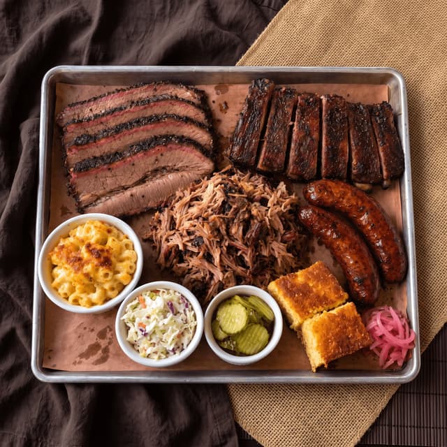 Brisket, ribs, pulled pork and sides on butcher paper from above — catering flyer photography