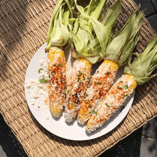 Elote with cotija and chili on a white plate on rattan — seasonal flyer photography