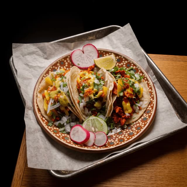 Al pastor tacos on a clay plate over parchment — weekly stops flyer photography