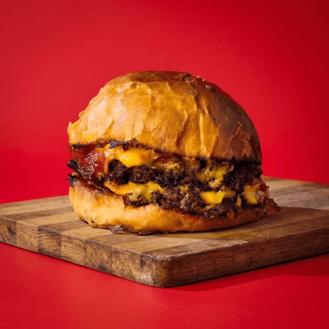 Double smash cheeseburger on a wooden board against red — festival flyer food photography