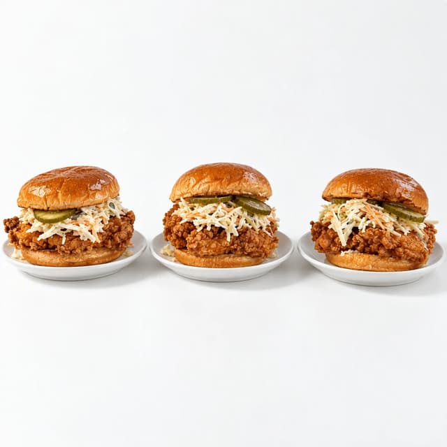 Three plates of the same crispy fried chicken sandwich lined up side by side on a seamless white surface
