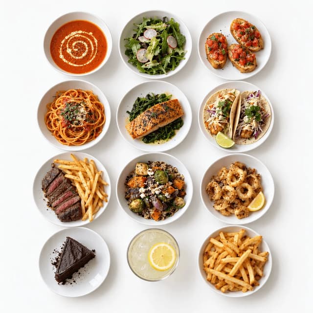 Overhead spread of twelve different dishes and drinks from one menu packed edge to edge on a seamless white surface