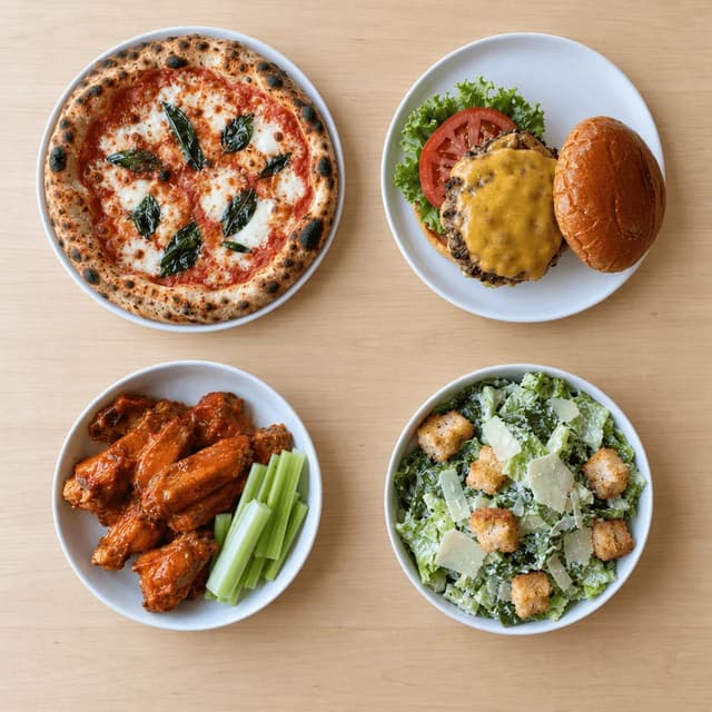 Overhead two by two grid of a margherita pizza, an open cheeseburger, a bowl of buffalo wings and a caesar salad on pale wood