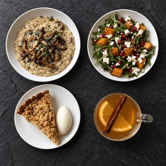 Overhead spread of autumn specials: mushroom risotto, a roasted squash and pomegranate salad, apple crumble and mulled cider on dark slate