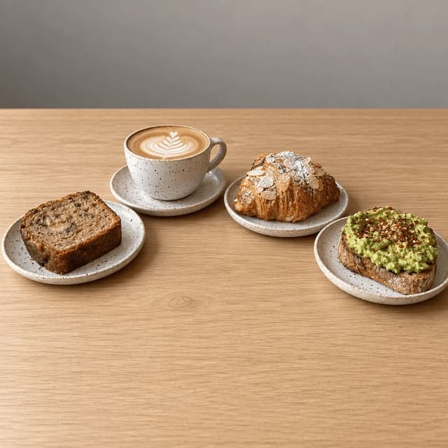 Neighbourhood cafe spread of a flat white, an almond croissant, a slice of banana bread and avocado toast on speckled stoneware on light oak