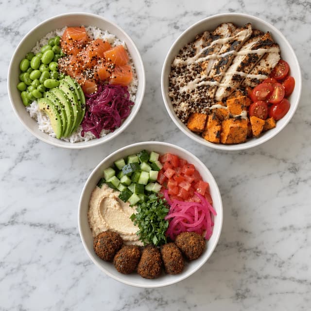 Overhead view of three colourful bowls, a salmon poke bowl, a chicken grain bowl and a falafel bowl, on white marble
