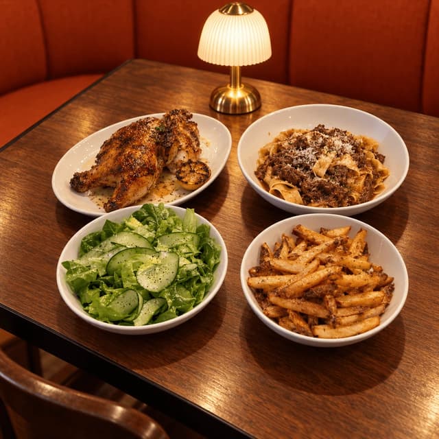 Dinner table spread of roast half chicken, pappardelle ragu, a green salad and seasoned fries on a walnut table beside a terracotta banquette