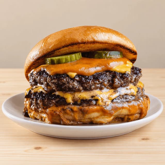 Single double smash cheeseburger with melted yellow cheese and crisp lacy beef edges on a plain white plate, shot low from the front