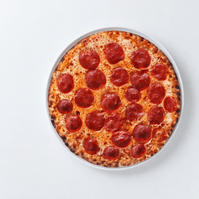 Whole thin-crust pepperoni pizza with glossy pepperoni rounds and golden melted mozzarella on a white plate, shot from directly overhead