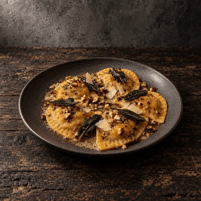 Single plate of butternut squash ravioli in nutty brown butter with crisp fried sage leaves and toasted hazelnuts on a dark matte plate