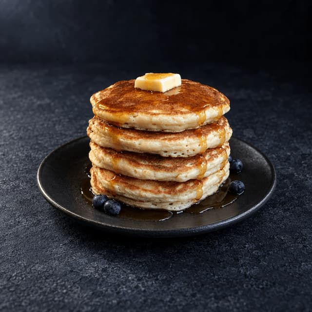 Single tall stack of buttermilk pancakes with a melting butter pat, maple syrup running down the sides and fresh blueberries