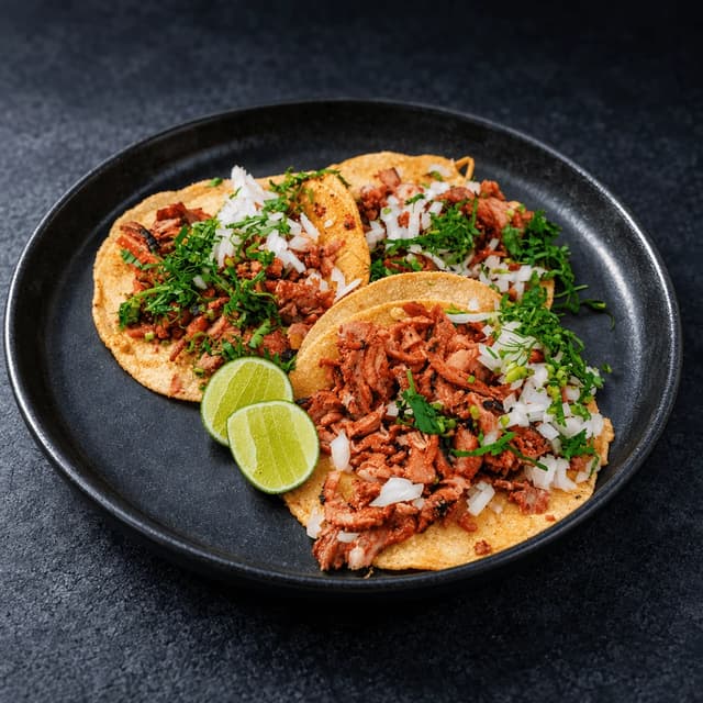 Plate of three tacos al pastor with charred red marinated pork, diced white onion, chopped cilantro and lime halves on a dark plate