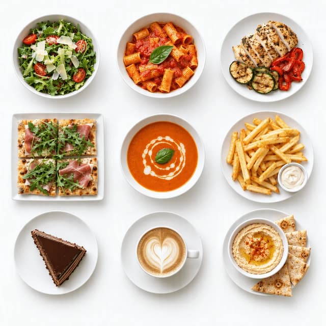 Overhead three by three grid of nine restaurant dishes on plain white plates and bowls, from a green salad to a latte, on seamless white