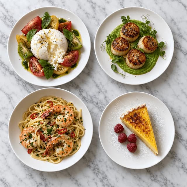 Overhead two by two grid of four new menu dishes, burrata with heirloom tomatoes, seared scallops, shrimp linguine and a lemon tart slice on white marble