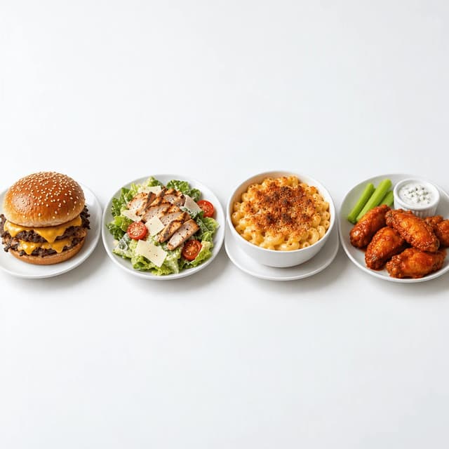Front row of four core menu items on matching white plates, a smash burger, a grilled chicken salad, mac and cheese and buffalo wings, on seamless white