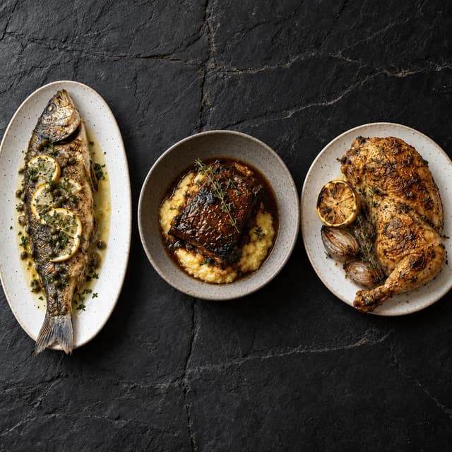 Overhead row of three signature mains on dark slate, a whole roasted branzino, braised short rib on polenta and a lemon-roasted half chicken