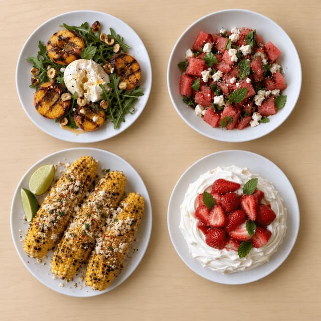 Overhead spread of four summer dishes, grilled peach and burrata salad, watermelon feta salad, grilled corn with lime and a strawberry pavlova on pale maple