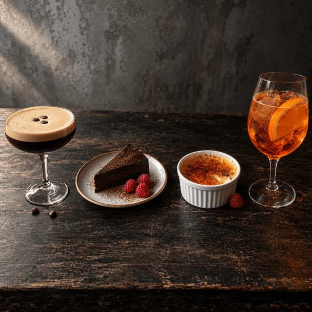Row of an espresso martini, a slice of dark chocolate torte, a creme brulee and an orange spritz on dark weathered wood