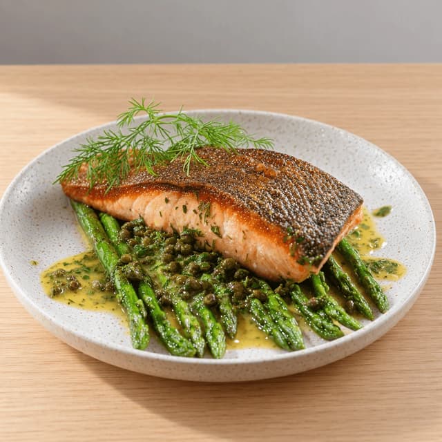 Single pan-seared salmon fillet with crisp golden skin on asparagus in caper butter with fresh dill on a speckled white plate on blonde oak