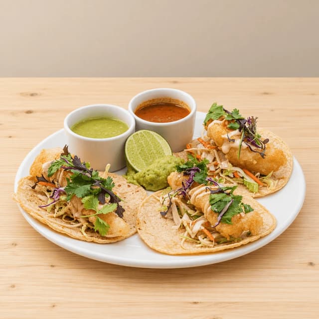 Three Baja fish tacos with shredded cabbage and lime crema lying side by side on a white plate with salsa verde, salsa roja, guacamole and lime, shot at eye level on pale pine