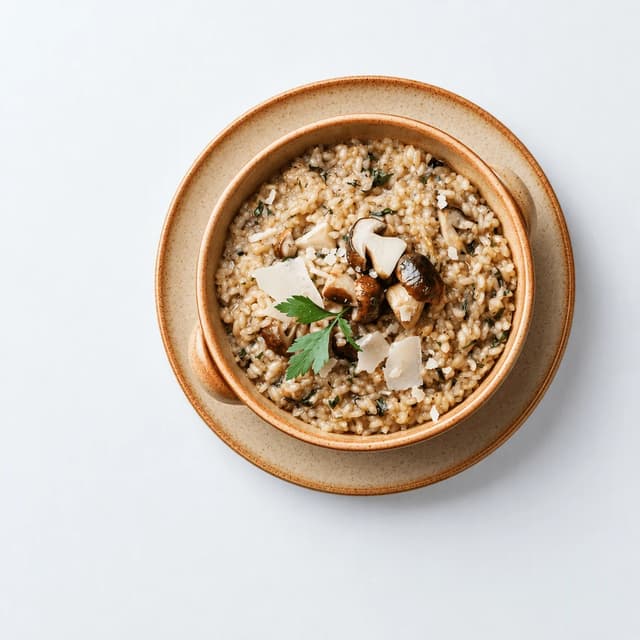 Single speckled stoneware bowl of creamy wild mushroom risotto with roasted mushrooms, parsley and shaved parmesan on a matching plate, shot straight down on cool white