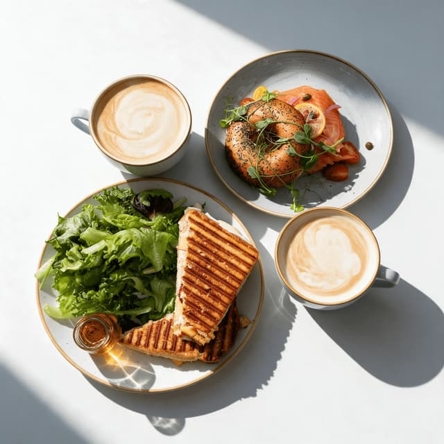 Lattes, a salmon bagel and a panini with salad overhead — cafe menu food photography
