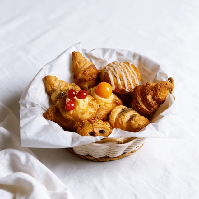 Mini croissants, danishes and pain au chocolat in a basket — bakery food photography