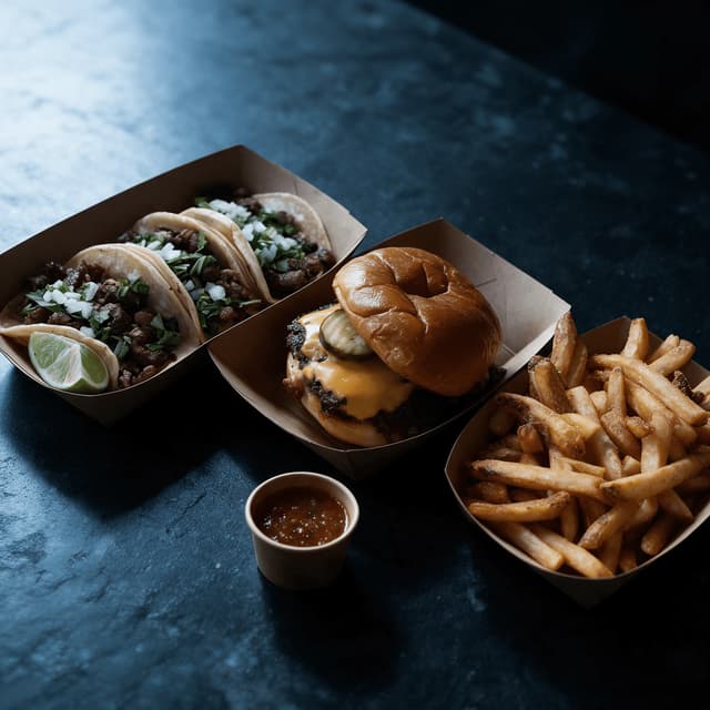 Tacos, a smash burger and fries in kraft boats — food truck food photography