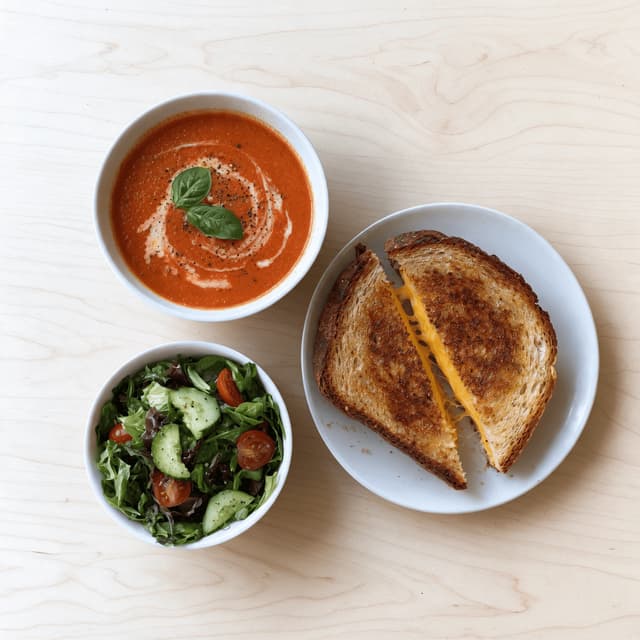Tomato soup, grilled cheese and side salad on pale wood — daily special food photography
