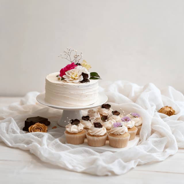 Flower-topped buttercream cake and cupcakes on cream with gauze — home baker food photography