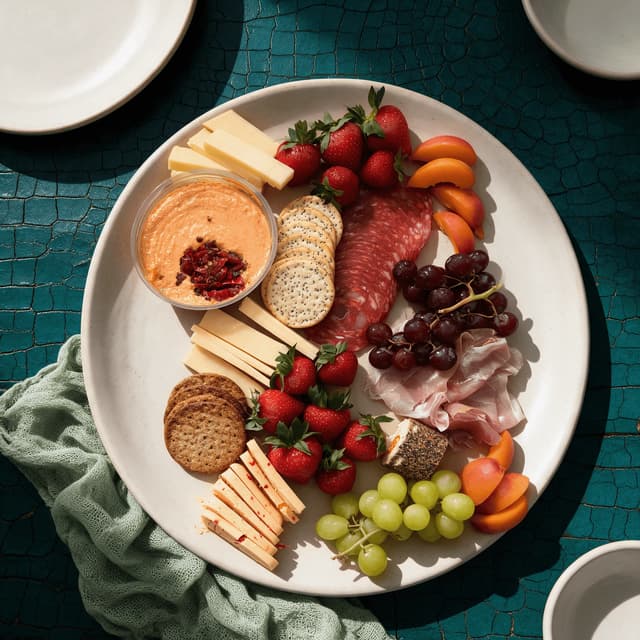 Cheese, cured meats and fruit grazing platter on teal wood — catering food photography