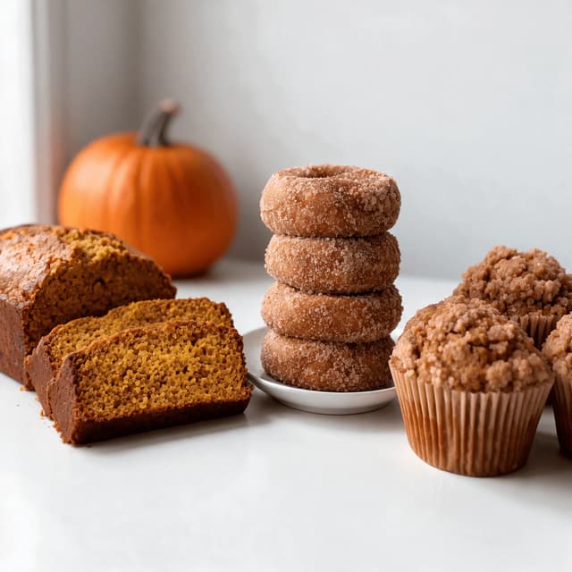 Pumpkin bread, cider donuts and streusel muffins on white — seasonal bakery food photography