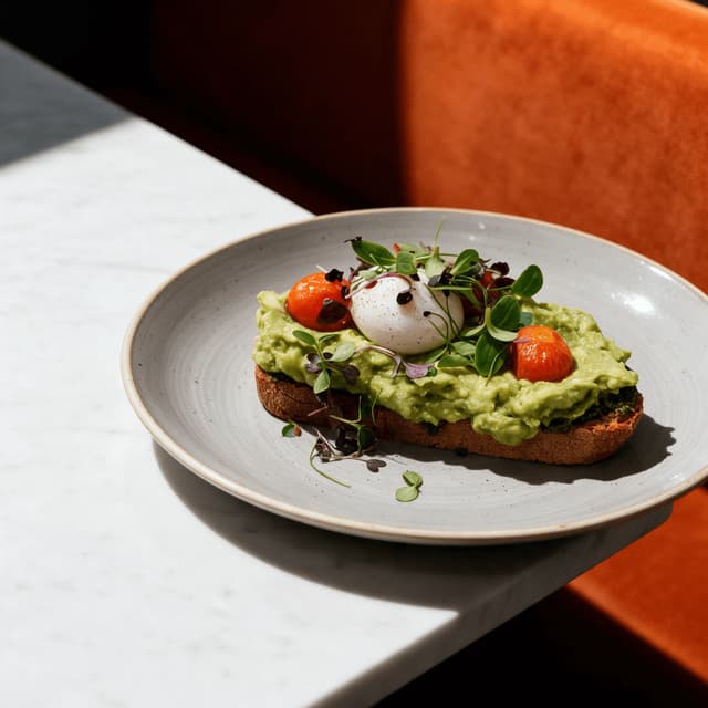 Avocado toast with a poached egg on white marble — cafe brunch food photography