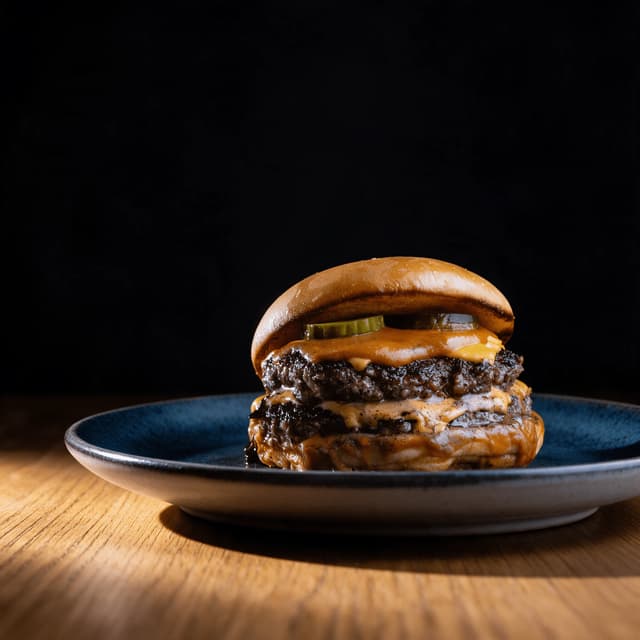 Double smash cheeseburger on a navy plate against black — food truck burger food photography
