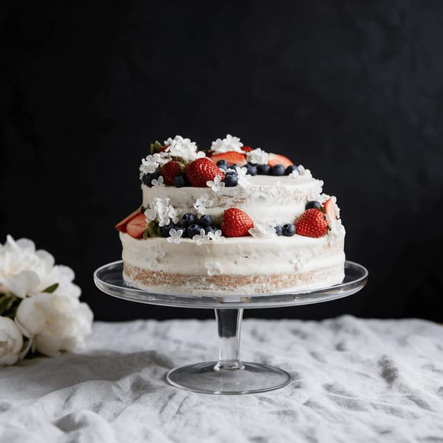 Berry-topped semi-naked layer cake on a glass cake stand — home baker food photography