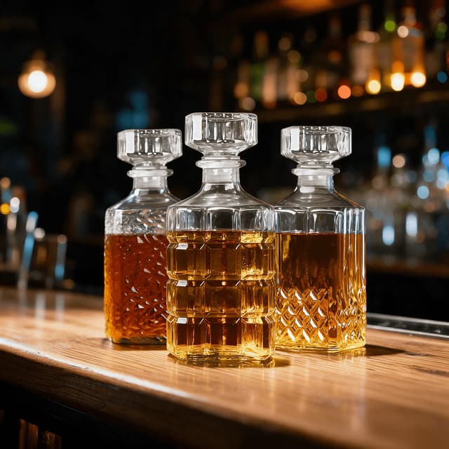 Three crystal decanters of whiskey on an oak bar counter — backbar spirits photography