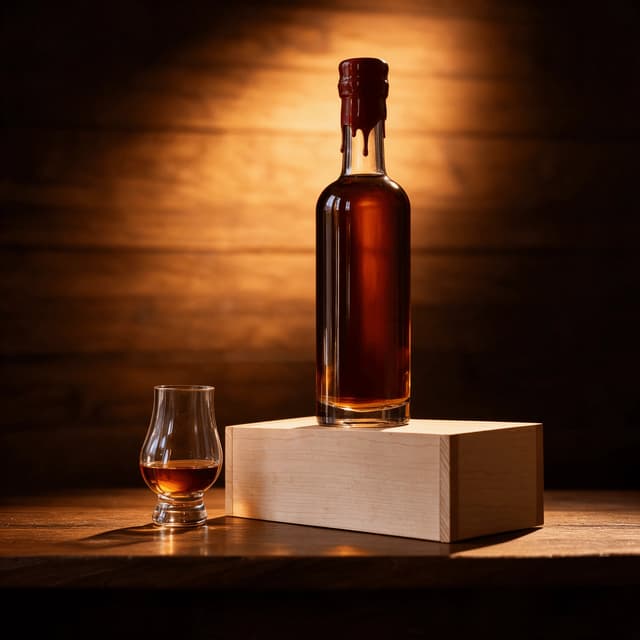 Wax-sealed limited release whiskey bottle on its timber presentation box — spirits launch photography