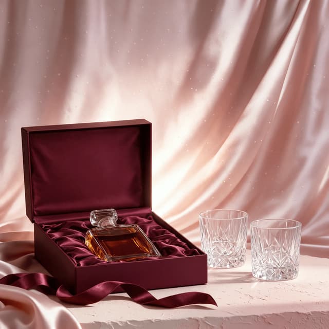 Whiskey gift box with two crystal tumblers on blush satin — holiday spirits photography