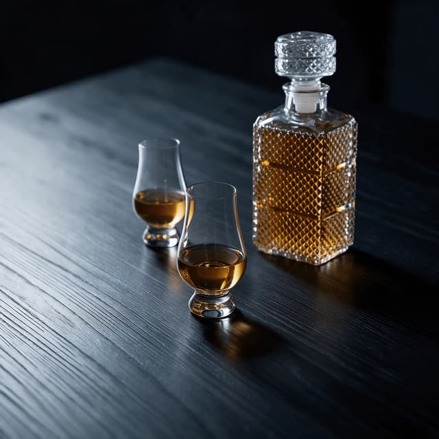 Crystal decanter with two whiskey nosing glasses on dark wood — spirits tasting photography