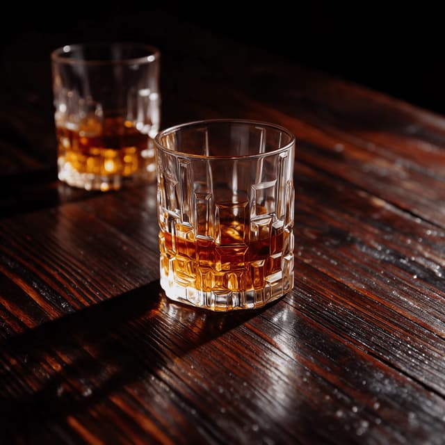 Two cut-crystal glasses of bourbon on dark rustic oak — brown spirits photography