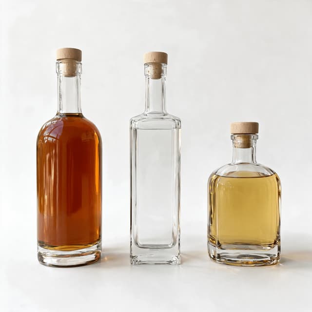 Three unlabeled spirits bottles on a white studio sweep — distributor sell sheet photography