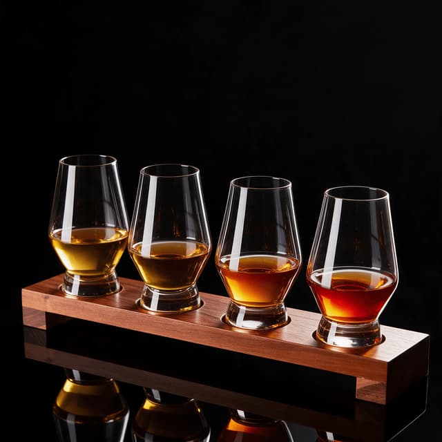 Four-glass whiskey tasting flight from pale gold to deep copper — spirits range photography