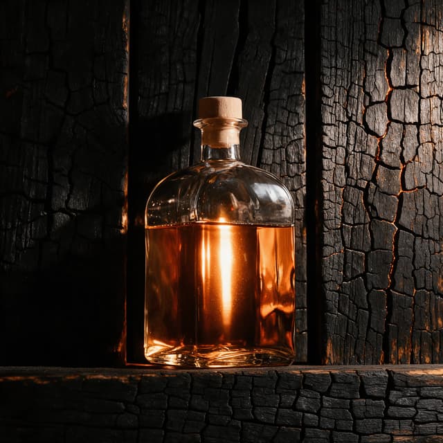 Unlabeled amber whiskey bottle with cork stopper in charred oak — craft spirits bottle photography