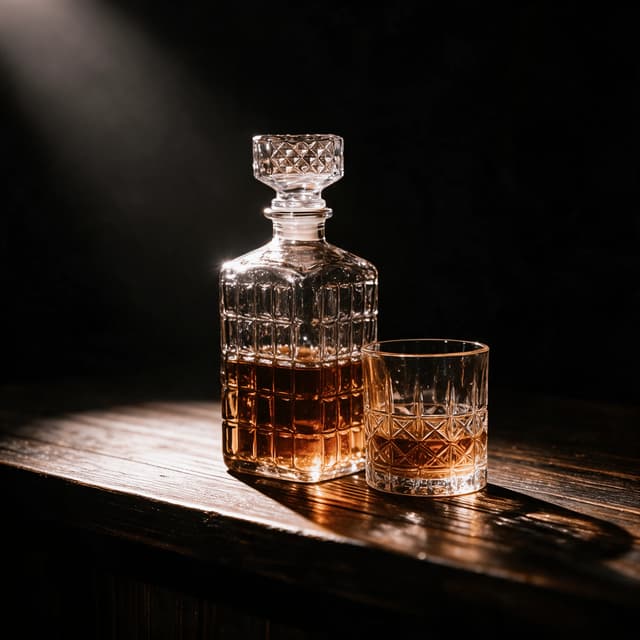 Cut-crystal whiskey decanter and neat pour on dark aged oak — liquor bottle photography