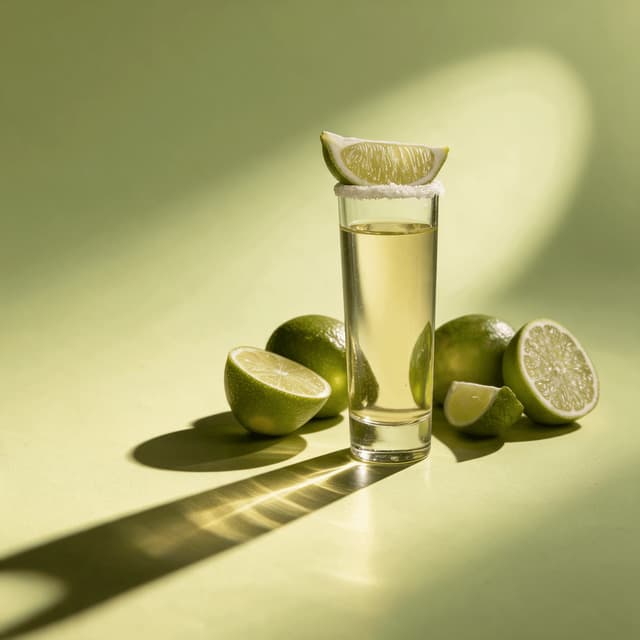 Tequila shot with salt rim and fresh limes on a chartreuse backdrop — tequila photography